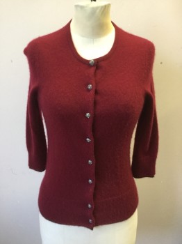 N/L, Cranberry Red, Wool, Solid, Button Front, Rhinestone Rounded Metal Buttons, 3/4 Sleeve, Ribbed Knit Cuff/Waistband, Brown Under Cuff/ Under Waistband