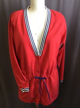 BIZZIT, Red, White, Navy Blue, Polyester, Cotton, Solid, Stripes - Vertical , Red Bodice & Long Sleeves, Deep V-neck & Under Arm White/navy Stripe Trim & Inset. Navy Cords D-string Waist, 6 Large Red Button Front,
