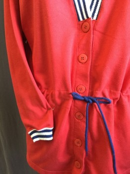 BIZZIT, Red, White, Navy Blue, Polyester, Cotton, Solid, Stripes - Vertical , Red Bodice & Long Sleeves, Deep V-neck & Under Arm White/navy Stripe Trim & Inset. Navy Cords D-string Waist, 6 Large Red Button Front,