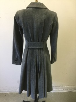 Womens, Coat, N/L, Gray, Cotton, Polyester, Solid, B 34, S, Heavy Upholstery Weight Velveteen, Single Breasted, 3 Large Brown Buttons with Embossed Detail, Notched Lapel, Below Knee Length, Padded Shoulders, 2 Pockets, Self Belted Detail at Center Back Waist with Pleated Panel to Hem,