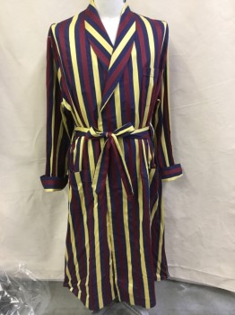 Mens, Bathrobe, BARNEY'S NEW YORK, Navy Blue, Wine Red, Gold, Cotton, Polyester, Stripes - Vertical , XL, Shawl Lapel, Open Front, 3 Pocket,  Long Sleeves with Cuff ,  with SELF BELT