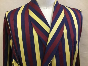 Mens, Bathrobe, BARNEY'S NEW YORK, Navy Blue, Wine Red, Gold, Cotton, Polyester, Stripes - Vertical , XL, Shawl Lapel, Open Front, 3 Pocket,  Long Sleeves with Cuff ,  with SELF BELT