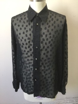 Mens, Club Shirt, LIVE COLLECTION, Black, Polyester, Dots, L, Sheer Chiffon with Opaque Irregular Circles/Dots Texture, Long Sleeve Button Front, Collar Attached, Silver and Black Embossed Buttons, 80's/90's Clubwear