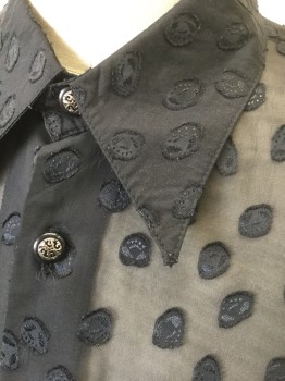 Mens, Club Shirt, LIVE COLLECTION, Black, Polyester, Dots, L, Sheer Chiffon with Opaque Irregular Circles/Dots Texture, Long Sleeve Button Front, Collar Attached, Silver and Black Embossed Buttons, 80's/90's Clubwear