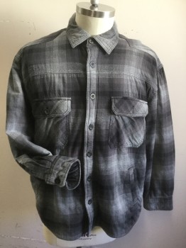 Mens, Casual Jacket, OUTDOOR LIFE, Gray, Lt Gray, Dk Gray, Cotton, Polyester, Plaid, XL, Long Sleeves, Button Front, 4 Pockets, Lined in Faux Sheepskin, Flannel,