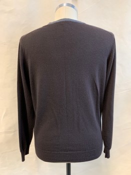 55 BROOME, Dk Brown, Wool, Solid, V-neck, Button Front, Heather Gray Placket, Ribbed Knit Waistband/Cuff