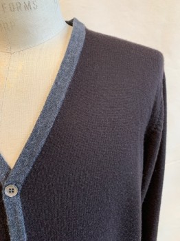 55 BROOME, Dk Brown, Wool, Solid, V-neck, Button Front, Heather Gray Placket, Ribbed Knit Waistband/Cuff