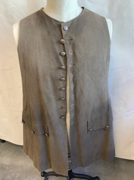 Mens, Historical Fiction Vest, FOX 011, Brown, Black, Cotton, Linen, Solid, 44, (Aged/distressed) Long Vest, Solid Black Lining, Round Neck, Silver Button Front (**2nd One From Bottom is MISSING**), 2 Bat-wing Pockets with Matching Silver Buttons, Side Split Hem and 1 Split Center Back Hem