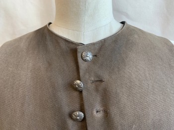FOX 011, Brown, Black, Cotton, Linen, Solid, (Aged/distressed) Long Vest, Solid Black Lining, Round Neck, Silver Button Front (**2nd One From Bottom is MISSING**), 2 Bat-wing Pockets with Matching Silver Buttons, Side Split Hem and 1 Split Center Back Hem
