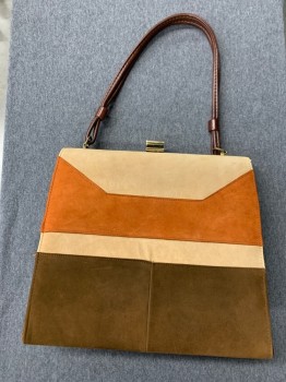 Womens, Purse, NATURALIZER, Dk Brown, Tan Brown, Orange, Suede, Leather, Color Blocking, O/S, Suede Colorblock, Solid Leather Back Side, Gold Hardware, Snap Closure, Double Strap,  *pen Mark*