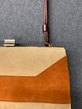 Womens, Purse, NATURALIZER, Dk Brown, Tan Brown, Orange, Suede, Leather, Color Blocking, O/S, Suede Colorblock, Solid Leather Back Side, Gold Hardware, Snap Closure, Double Strap,  *pen Mark*