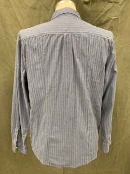 LUCKY BRAND, Dk Blue, Brown, Cotton, Elastane, Stripes - Vertical , Button Front, Collar Attached, 1 Pocket, Long Sleeves, Button Cuff