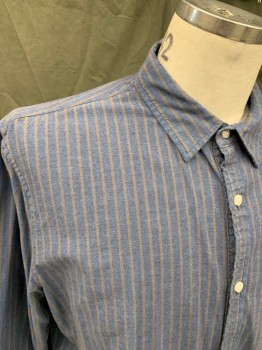 LUCKY BRAND, Dk Blue, Brown, Cotton, Elastane, Stripes - Vertical , Button Front, Collar Attached, 1 Pocket, Long Sleeves, Button Cuff