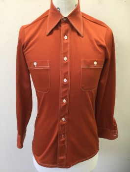 JC PENNEY, Rust Orange, Polyester, Solid, Long Sleeve Button Front, Collar Attached, White Top Stitching, 2 Patch Pockets with 1 Button Closure,