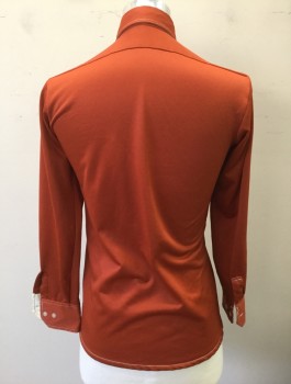 JC PENNEY, Rust Orange, Polyester, Solid, Long Sleeve Button Front, Collar Attached, White Top Stitching, 2 Patch Pockets with 1 Button Closure,