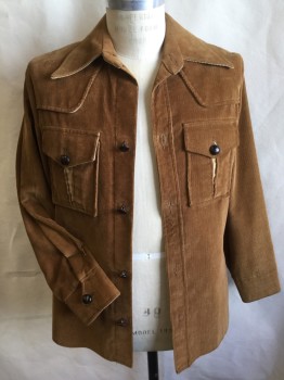 Mens, Jacket, PIONEER WEAR, Camel Brown, Beige, Cotton, Solid, 38, Corduroy, Beige Corduroy Inside Collar Attached, Pocket Flap, and Long Sleeves Cuff,  Dark Brown Wood Button Front, Yoke Front & Back, 2 Pockets with Narrow Triangle Beige Inlay on Pockets with Matching Button, 6" Side Split Hem