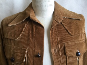 Mens, Jacket, PIONEER WEAR, Camel Brown, Beige, Cotton, Solid, 38, Corduroy, Beige Corduroy Inside Collar Attached, Pocket Flap, and Long Sleeves Cuff,  Dark Brown Wood Button Front, Yoke Front & Back, 2 Pockets with Narrow Triangle Beige Inlay on Pockets with Matching Button, 6" Side Split Hem