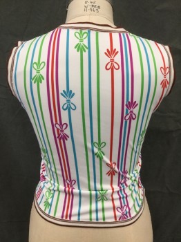 N/L, White, Green, Teal Blue, Magenta Purple, Red, Polyester, Stripes - Vertical , White with Multicolor Stripes with Bow Tie Pattern, Sleeveless, V-neck, Brown/White Ribbed Knit Neck/Armholes/Waistband