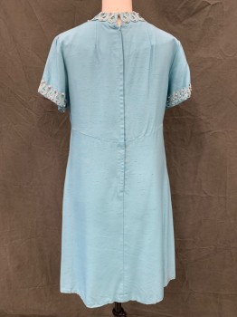 S O'GRADY, Turquoise Blue, Silk, Solid, Shantung Silk, A-line Shift Dress, Band Collar, Short Sleeves, Zip Back, Loopy Lace Trim with Rhinestones and Pearl Detail, *Shoulder Burn*