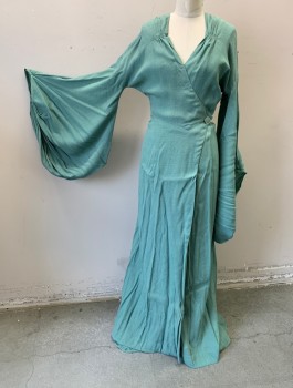 Womens, Evening Gown, N/L MTO, Sea Foam Green, Silk, Swirl , W:28, B:36, Crepe, Long Kimono Style Sleeves with Cartridge Pleated Wrists, Wrapped V-neck with Self Button Closure at Side Waist, Self Belt Ties at Sides, Smocked Detail at Shoulders, Floor Length, Multiples, Made To Order 1930's Reproduction