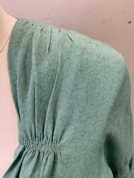 Womens, Evening Gown, N/L MTO, Sea Foam Green, Silk, Swirl , W:28, B:36, Crepe, Long Kimono Style Sleeves with Cartridge Pleated Wrists, Wrapped V-neck with Self Button Closure at Side Waist, Self Belt Ties at Sides, Smocked Detail at Shoulders, Floor Length, Multiples, Made To Order 1930's Reproduction