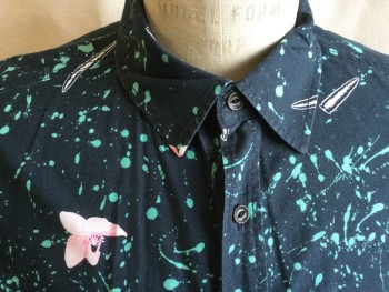 QUICKSILVER, Faded Black, Mint Green, Ecru, Neon Pink, Cotton, Abstract , Floral, Faded Black with Dark Mint Splash Paint with Orchids & Bullets Print, Collar Attached, Button Front, 1 Pocket, Short Sleeves, Curved Hem