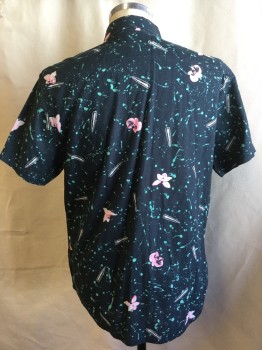 QUICKSILVER, Faded Black, Mint Green, Ecru, Neon Pink, Cotton, Abstract , Floral, Faded Black with Dark Mint Splash Paint with Orchids & Bullets Print, Collar Attached, Button Front, 1 Pocket, Short Sleeves, Curved Hem
