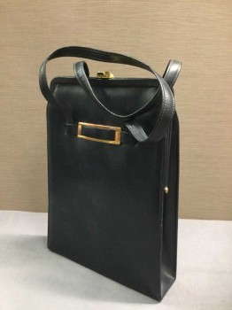 Womens, Purse, JACOBSEN'S, Navy Blue, Leather, Solid, Tall and Narrow, Hand Straps, Gold Buckle Front, Gold Clasp Closure