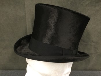 Mens, Historical Fiction Hat , N/L, Black, Fur, 56, 7, Top Hat, 1 1/2" Wide Faille Band and Edging at Brim, 5 3/4" Tall Crown, Rolled Side Brim