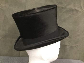 N/L, Black, Fur, Top Hat, 1 1/2" Wide Faille Band and Edging at Brim, 5 3/4" Tall Crown, Rolled Side Brim