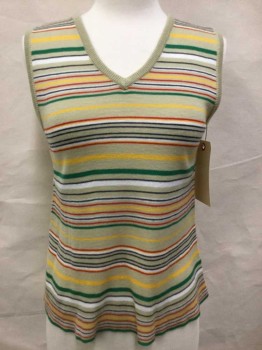 Womens, Vest, EVAN PICONE, Tan Brown, Yellow, Kelly Green, Red, Navy Blue, Acrylic, Stripes - Horizontal , Large, V-neck, Pullover Vest, Knit,