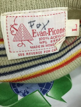 Womens, Vest, EVAN PICONE, Tan Brown, Yellow, Kelly Green, Red, Navy Blue, Acrylic, Stripes - Horizontal , Large, V-neck, Pullover Vest, Knit,