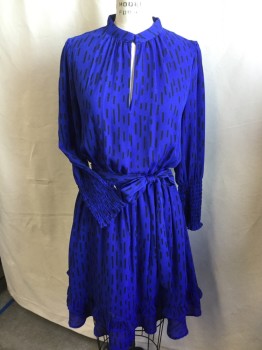 REBECCA MINKOFF, Royal Blue, Black, Polyester, Novelty Pattern, Key Hole Front  with 1" Rim Crew Neck with 2 Self Cover Button, Long Sleeves with 6" Smocking Cuff, Thin Elastic Waist with Self Belt,  2 Layers Ruffle Hem, Solid Royal Lining