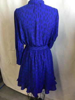 REBECCA MINKOFF, Royal Blue, Black, Polyester, Novelty Pattern, Key Hole Front  with 1" Rim Crew Neck with 2 Self Cover Button, Long Sleeves with 6" Smocking Cuff, Thin Elastic Waist with Self Belt,  2 Layers Ruffle Hem, Solid Royal Lining