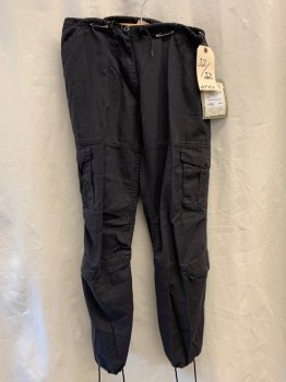 ROTHCO, Black, Ramie, Cotton, Solid, Lower Waist, 8 Pockets, Zipper Fly, Knee Pleats, Waist & Ankle Drawstring, Flap Button Closure Cargo Pockets