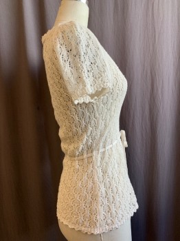 Womens, Top, REFORMATION, White, Linen, Solid, S, Sheer Delicate Knit, Scoop Neck, Short Sleeves, Self Tie Waist