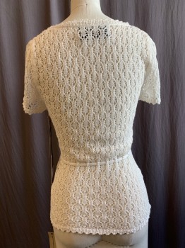 Womens, Top, REFORMATION, White, Linen, Solid, S, Sheer Delicate Knit, Scoop Neck, Short Sleeves, Self Tie Waist