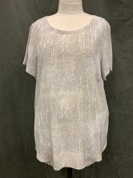 Womens, Top, EILEEN FISHER, Gray, Cream, Lt Brown, Silk, Abstract , Stripes, 1X, Scoop Neck, Pullover, Short Sleeves, Side Slits at Hem
