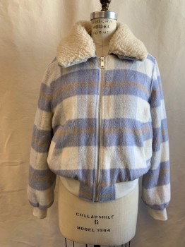 Womens, Coat, WILD FABLE, Lt Blue, White, Beige, Polyester, Rayon, Plaid, S, Fleece, Zip Front, Bomber, Collar Attached with Solid Cream Button Detachable Collar, 2 Pockets, Ribbed Knit Waistband/Cuff
