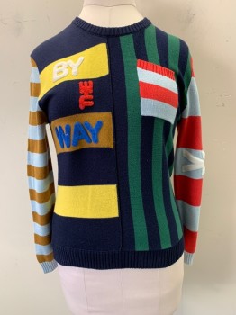 Womens, Pullover, FENDI, Navy Blue, Yellow, Lt Brown, Red, Green, Cotton, Cashmere, Stripes - Horizontal , Stripes - Vertical , 12, Crew Neck, Long Sleeves, Navy, Yellow, Red, Light Blue, & Light Brown Horizontal Stripes, Green & Navy Vertical Stripes, Long Sleeves, 1 Chest Pocket, "By the Way" on Left Front