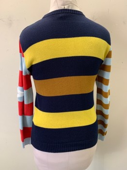 Womens, Pullover, FENDI, Navy Blue, Yellow, Lt Brown, Red, Green, Cotton, Cashmere, Stripes - Horizontal , Stripes - Vertical , 12, Crew Neck, Long Sleeves, Navy, Yellow, Red, Light Blue, & Light Brown Horizontal Stripes, Green & Navy Vertical Stripes, Long Sleeves, 1 Chest Pocket, "By the Way" on Left Front