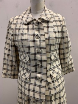 Womens, 1960s Vintage, Suit, Jacket, NL, Beige, Black, Brown, Wool, Plaid, B: 36, Collar Attached, Single Breasted, Button Front, 2 Pockets, 4 Flap Pockets