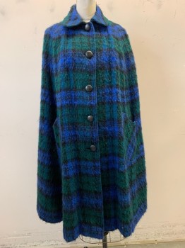 Womens, Cape/Poncho, K. ANDERSON, Blue, Dk Green, Black, Wool, Plaid, S/M, B: 48, Peter Pan Collar, Single Breasted, Button Front, 2 Pockets