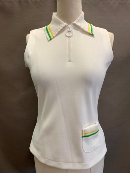 Womens, Athletic, MISS HOLLY, White, Kelly Green, Yellow, Polyester, Solid, B38, Tennis Top, Sleeveless, Zip Neck Polo 1 Pocket, Rib Knit Collar and Pocket Trim