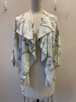 NO LABEL, Off White, Black, Silver, Polyester, Abstract , Folded Long Sleeves, Open Front, Shawl Collar,