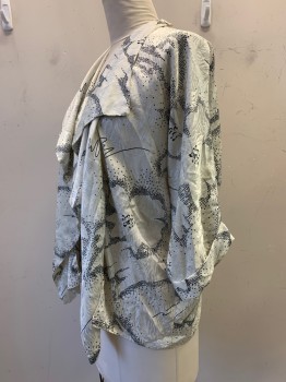Womens, Jacket, NO LABEL, Off White, Black, Silver, Polyester, Abstract , H42, B50, Folded Long Sleeves, Open Front, Shawl Collar,