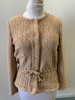 KIMBERLY, Peach Orange, Lt Peach, White, Polyester, Speckled, Boucle Knit, Button Front, Scoop Neck, Drawstrings At Waist