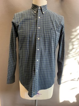 Mens, Casual Shirt, Ralph Lauren, Olive Green, Navy Blue, Yellow, Cotton, Plaid-  Windowpane, L, Button Down Collar, Long Sleeves, Button Front