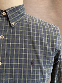 Mens, Casual Shirt, Ralph Lauren, Olive Green, Navy Blue, Yellow, Cotton, Plaid-  Windowpane, L, Button Down Collar, Long Sleeves, Button Front