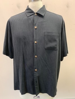 Mens, Casual Shirt, TOMMY BAHAMA, Faded Black, Silk, Solid, L, S/S, C.A., Button Front, 1 Pocket,
